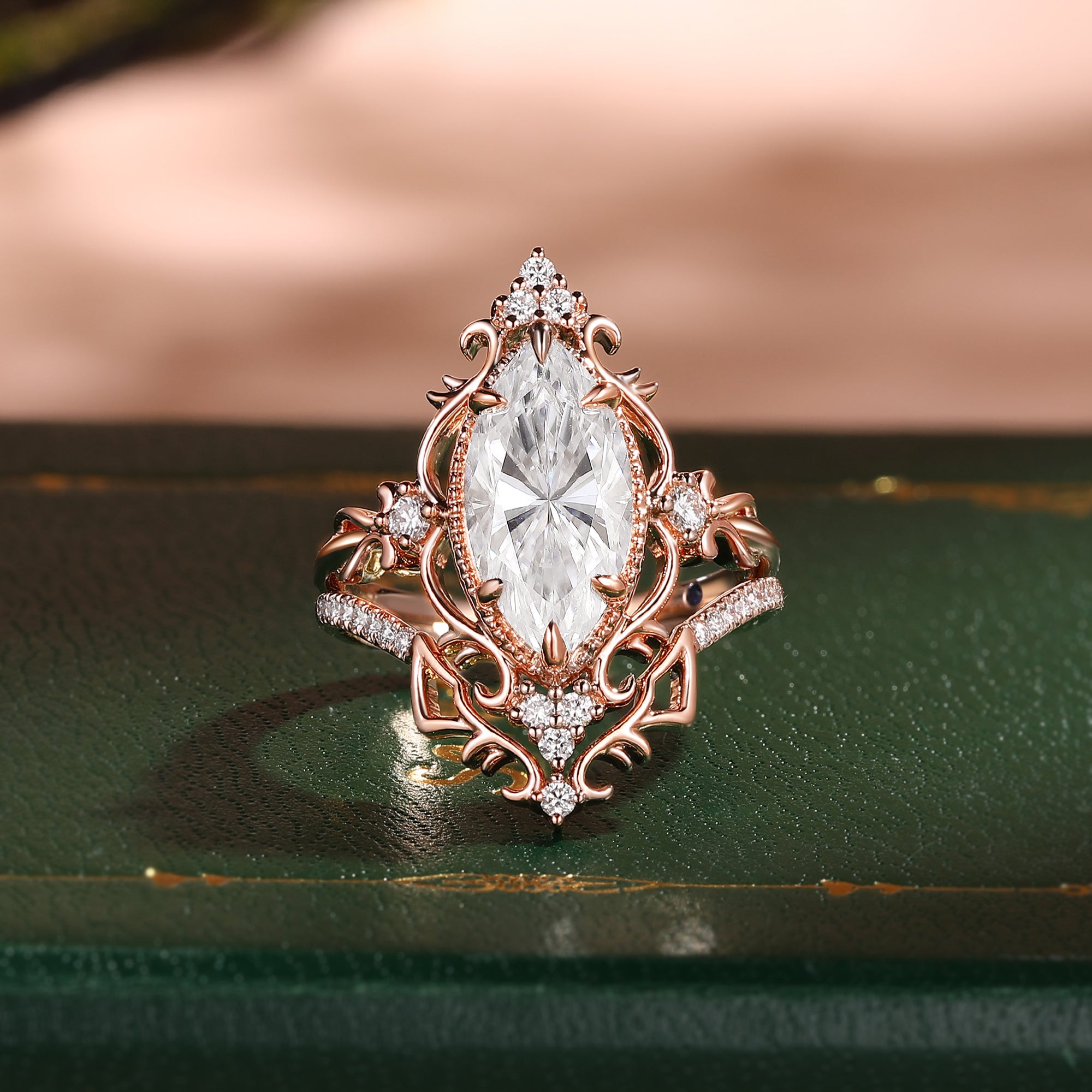 Eugenie - Marquise Cut Moissanite Victorian Vintage Ribbon Bridal Sets 2PCS