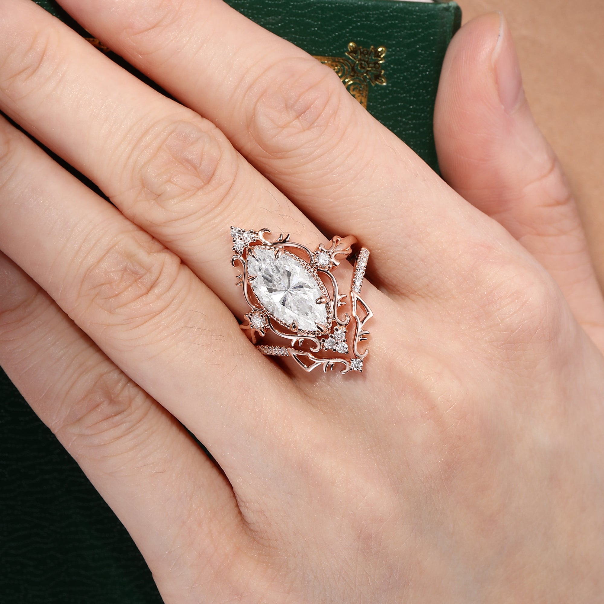 Eugenie - Marquise Cut Moissanite Victorian Vintage Ribbon Bridal Sets 2PCS