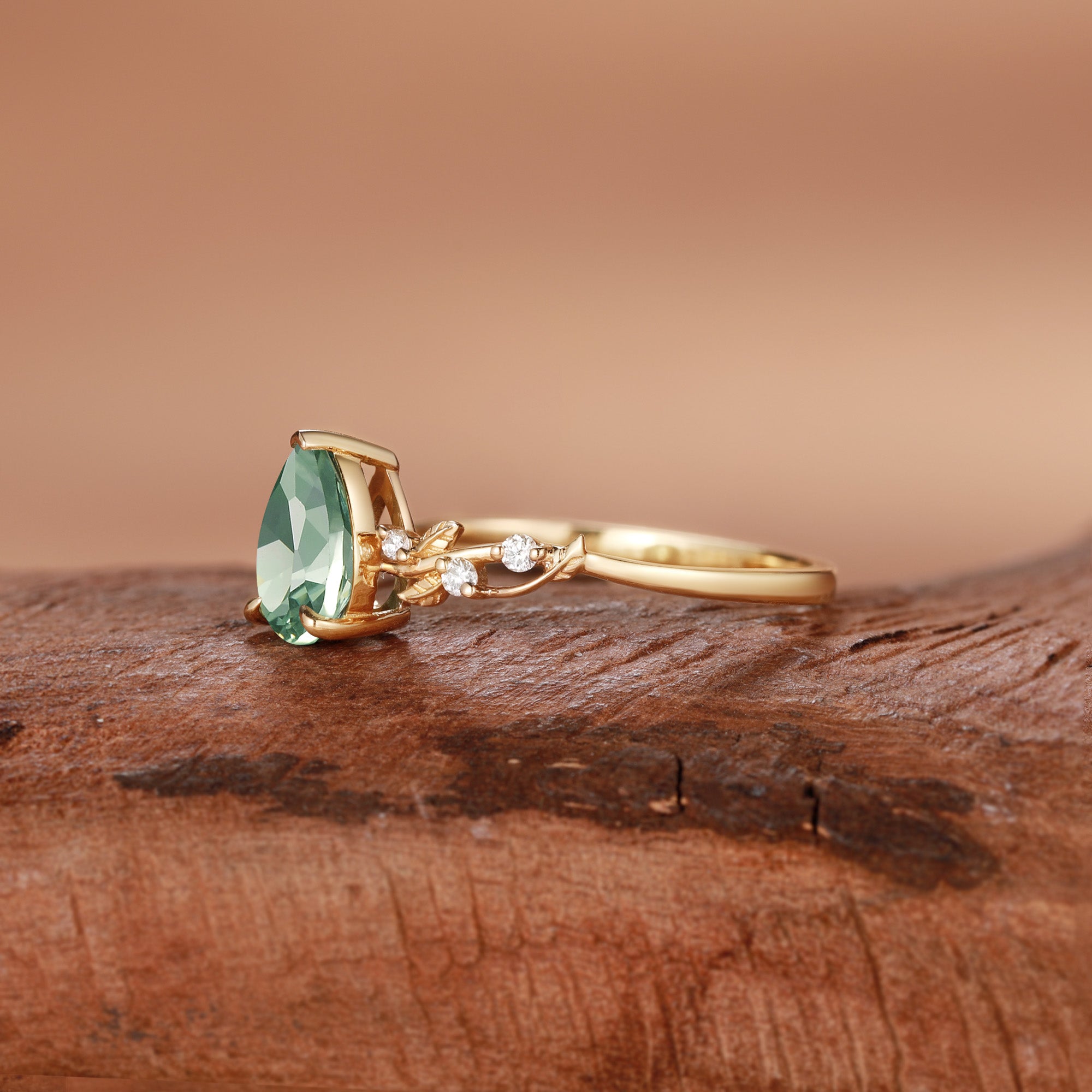 Clarissa - Lab Grown Green Sapphire Vine Inspired Leafy Pear Cut Engagement Ring
