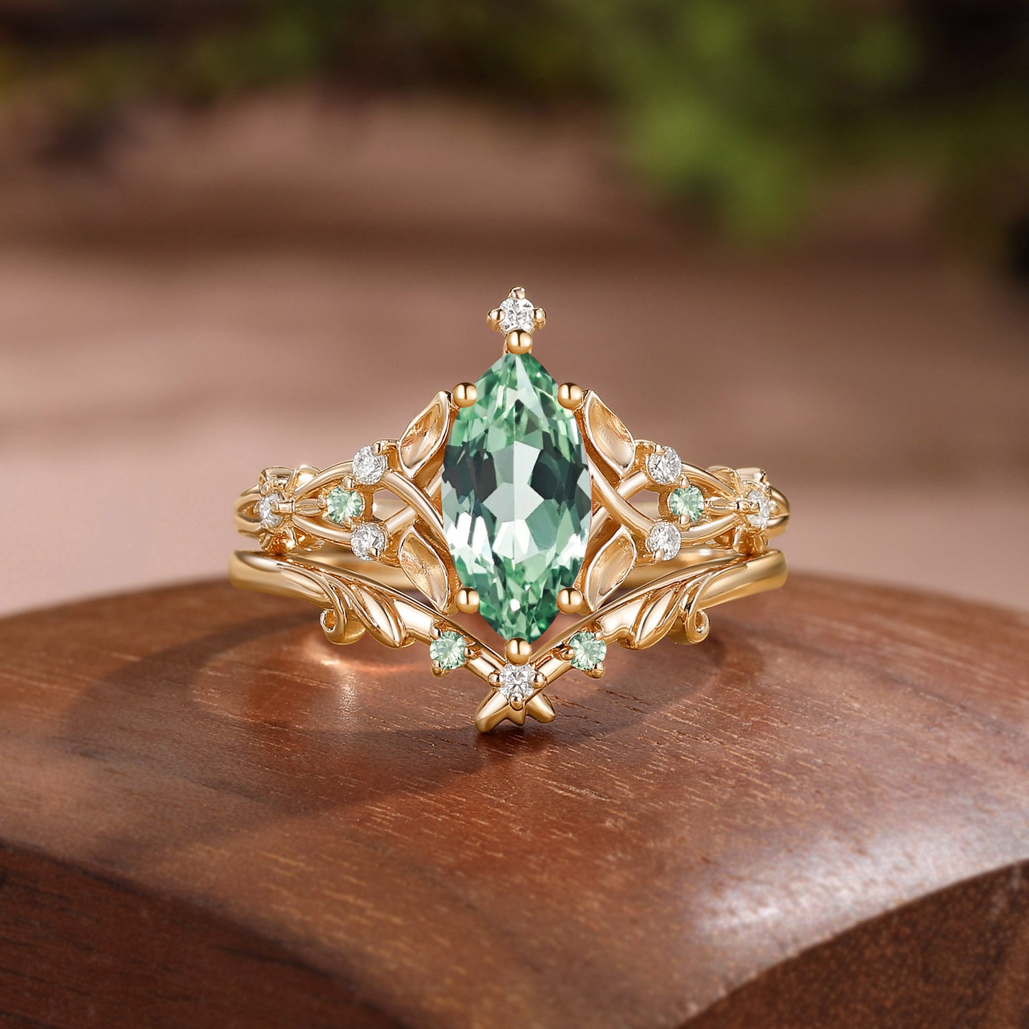 Floral Fairy Marquise Cut Green Sapphire Leafy Bridal Set 2pcs - Faith