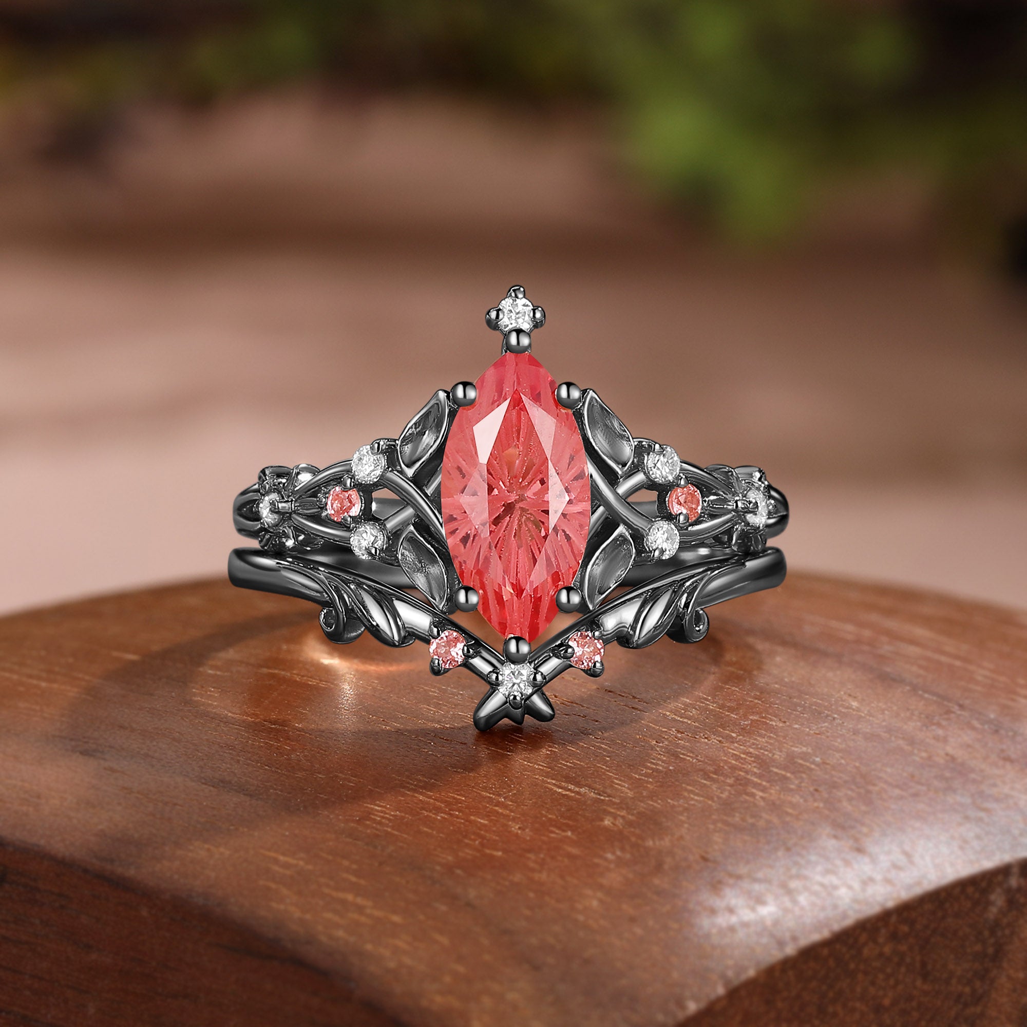 Floral Fairy Marquise Firework Cut Padparadscha Sapphire Leafy Bridal Set 2pcs - Faith