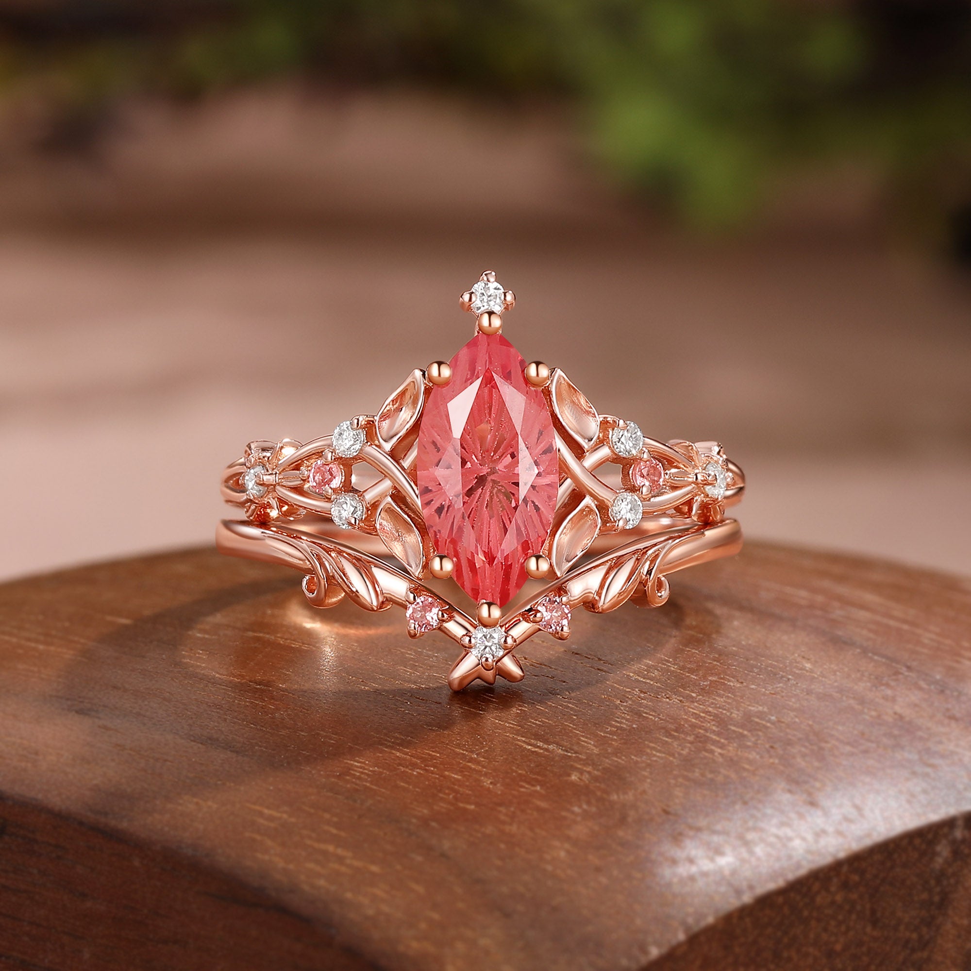 Floral Fairy Marquise Firework Cut Padparadscha Sapphire Leafy Bridal Set 2pcs - Faith