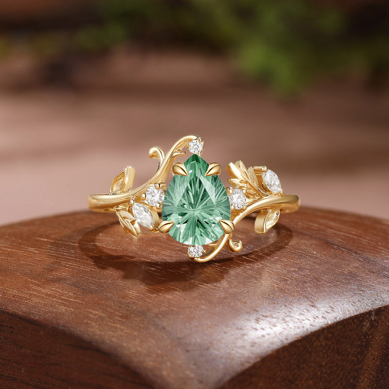 Forest Fairy Firework Cut Pear Green Sapphire Leafy Bridal Set 2pcs - Lavinia