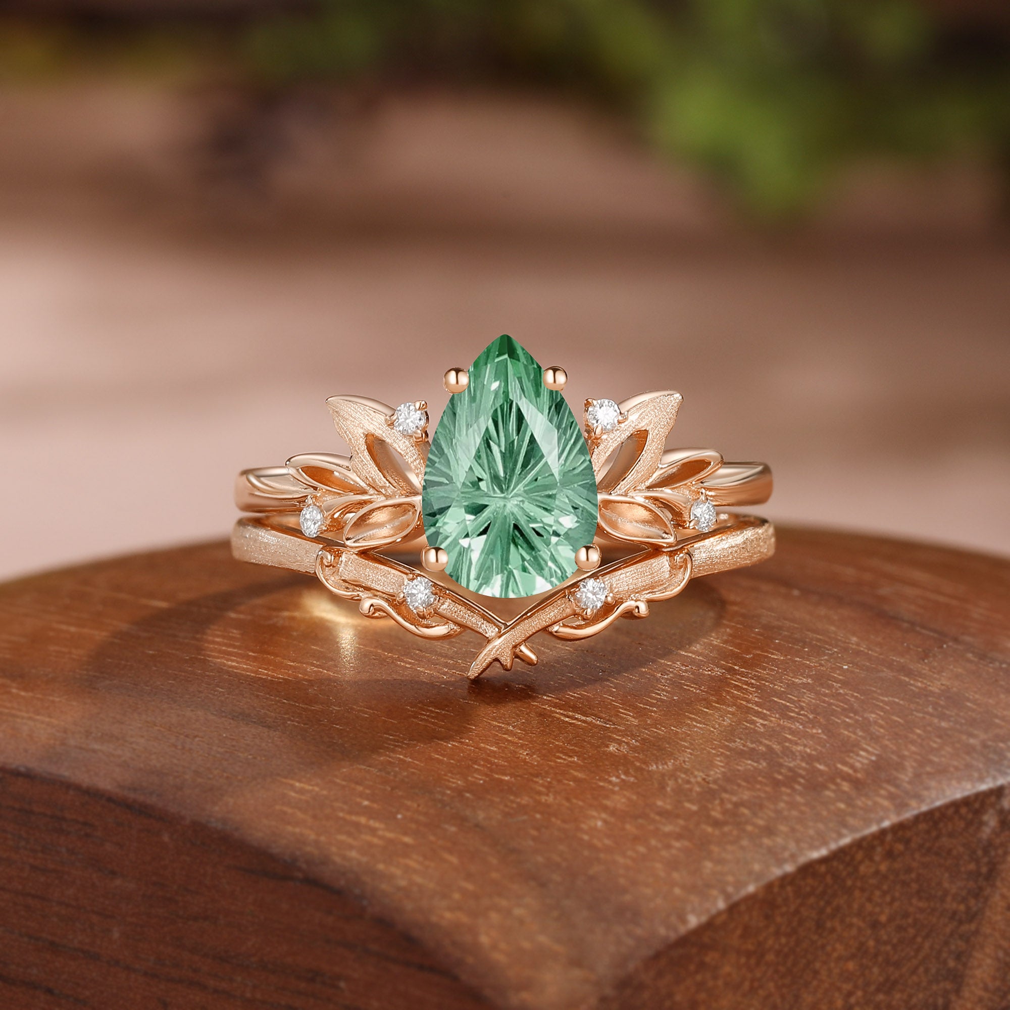 Wind Fairy  Firework Cut Pear Green Sapphire Leafy Bridal Set 2pcs - Ines