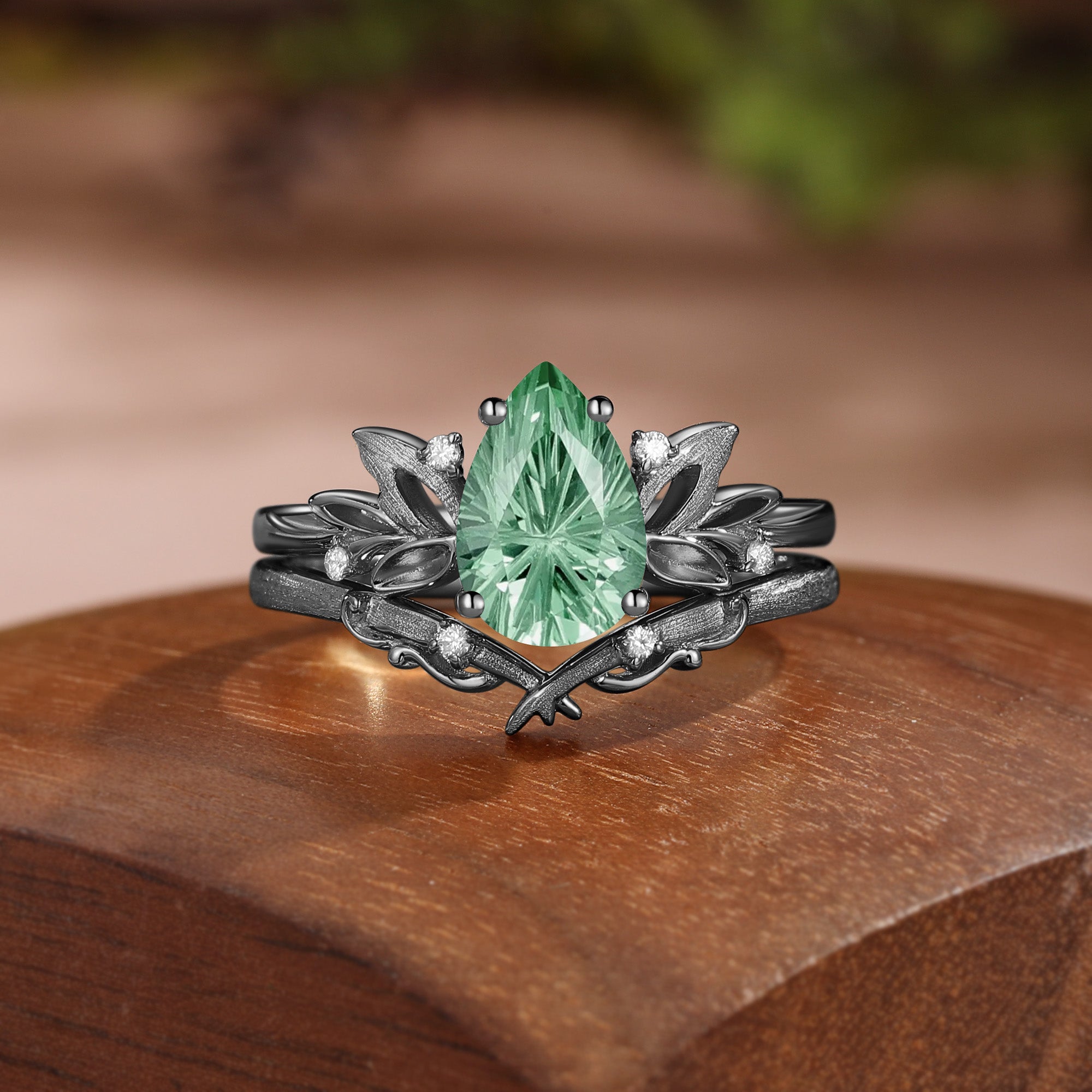 Wind Fairy  Firework Cut Pear Green Sapphire Leafy Bridal Set 2pcs - Ines