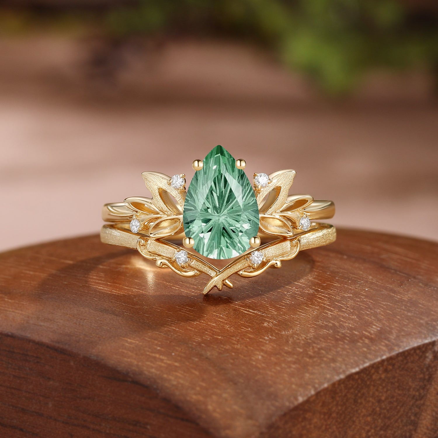 Wind Fairy  Firework Cut Pear Green Sapphire Leafy Bridal Set 2pcs - Ines