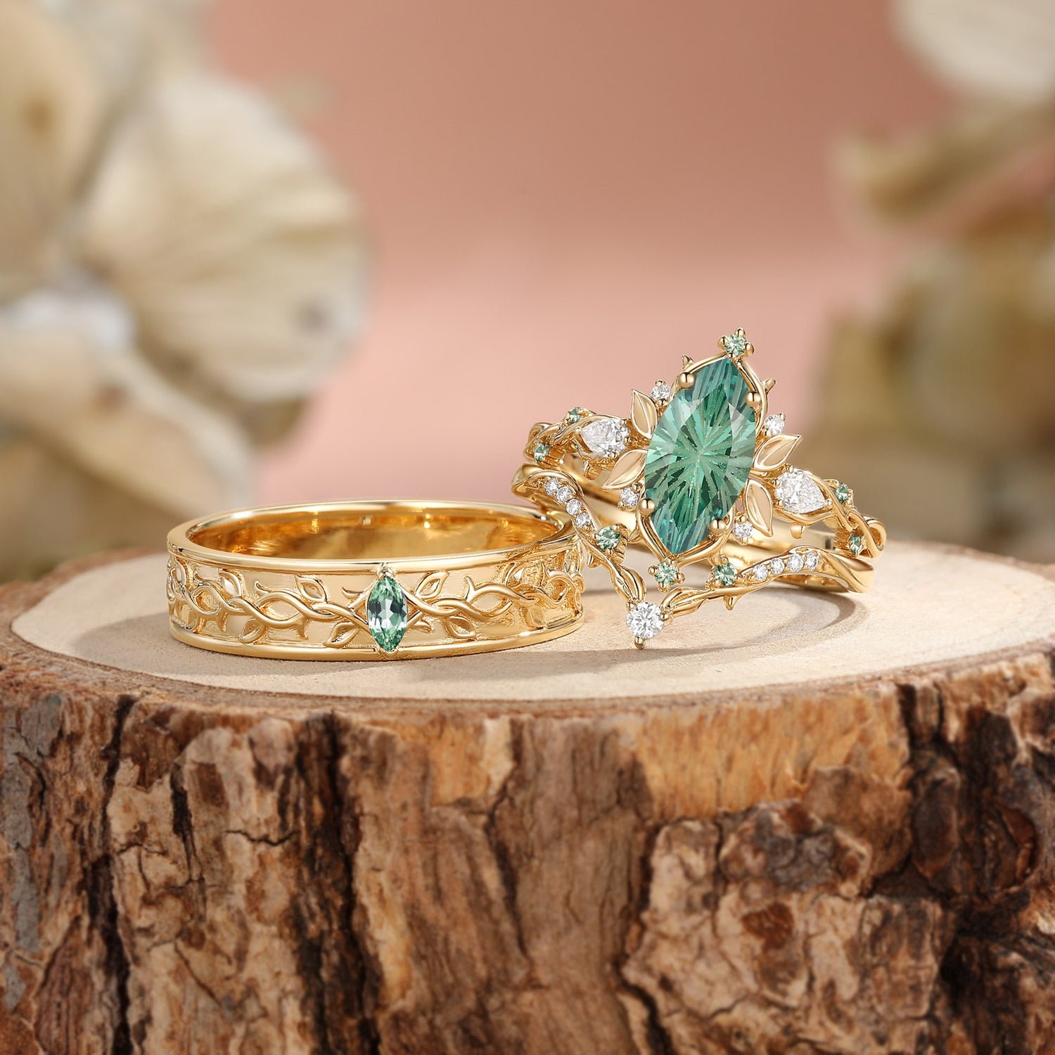 Forest Fairy Marquise Firework Cut Green Sapphire Leafy Inspired Couple Ring Set - Liliosa