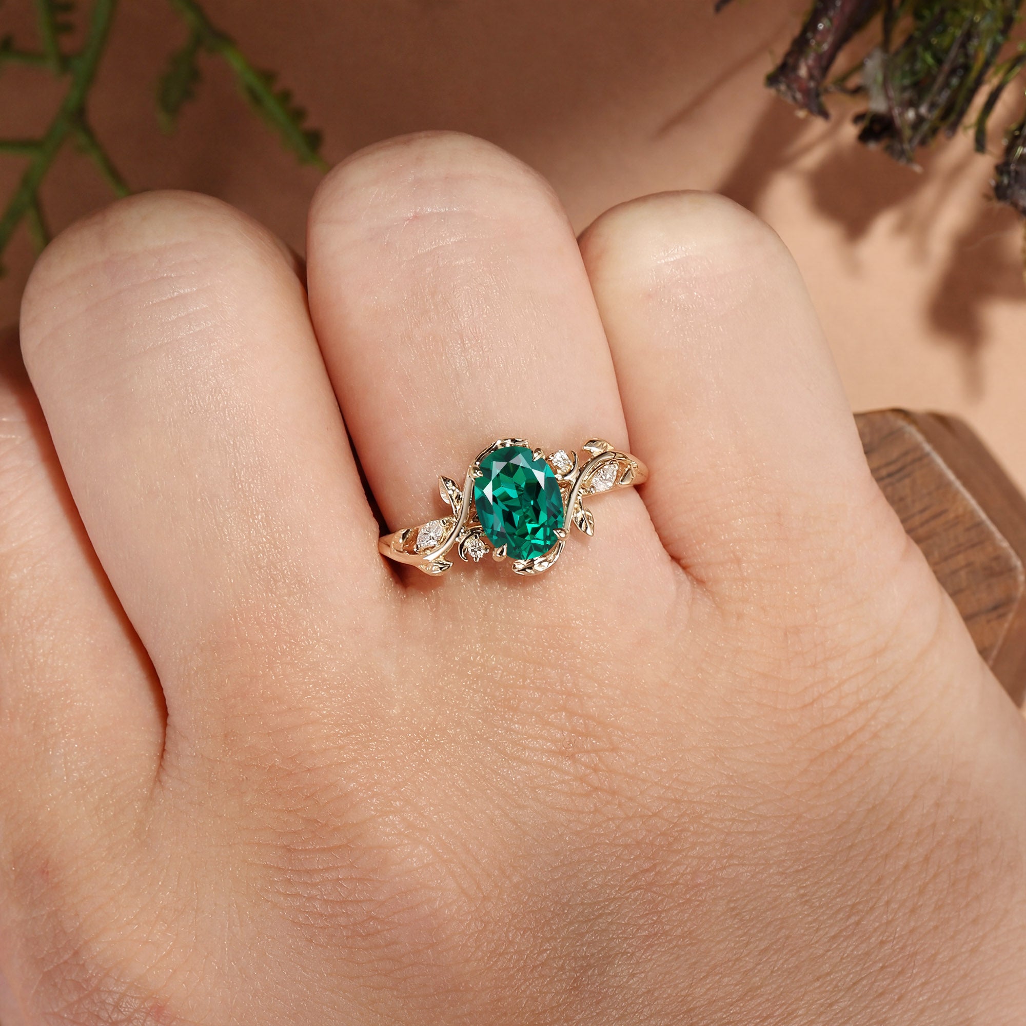 Oval Cut Lab Emerald Branch Leafy Engagement Ring - Désirée