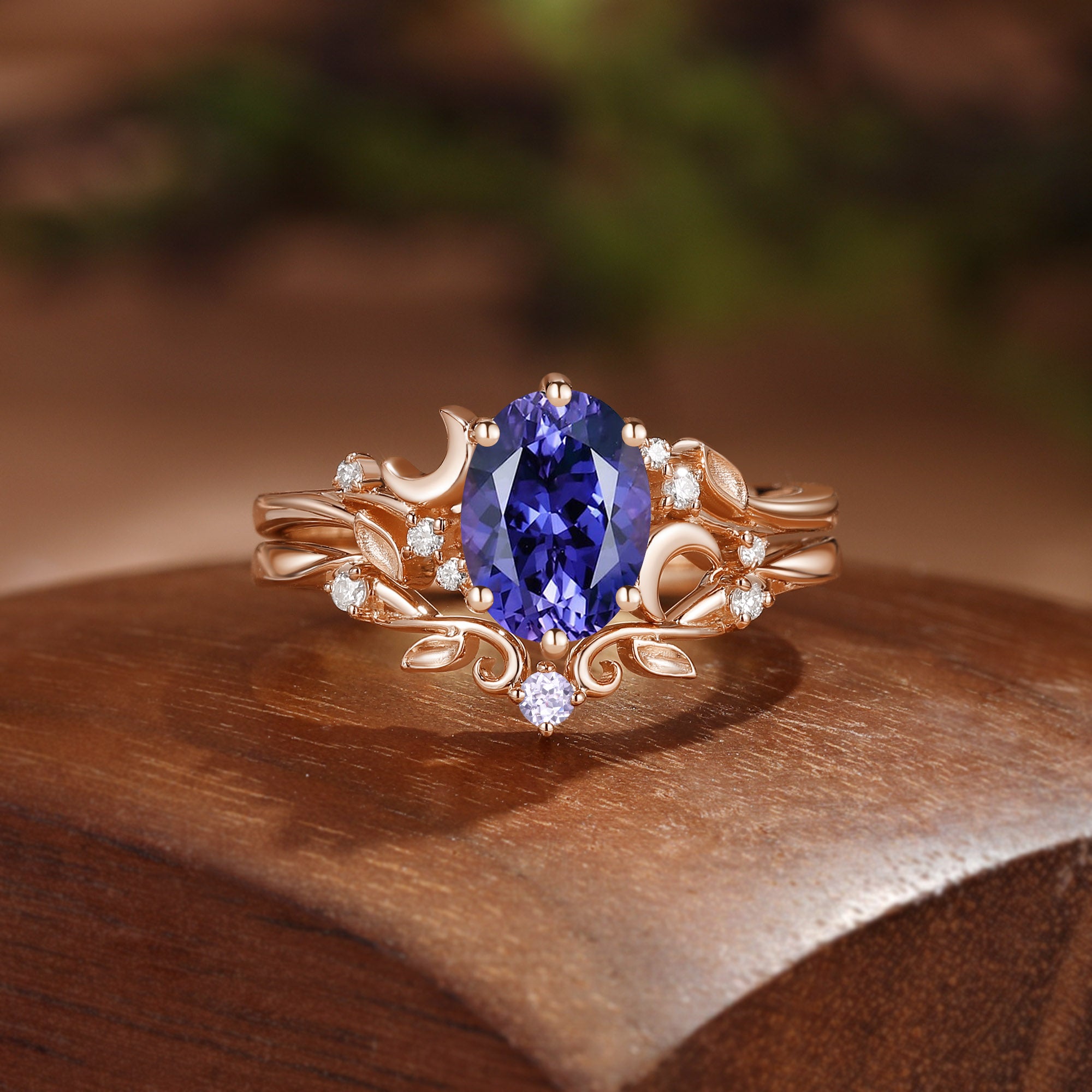 Moonlight Fairy Oval Cut Purple Sapphire Moon And Leafy Ring Bridal Sets 2pcs - Meriel