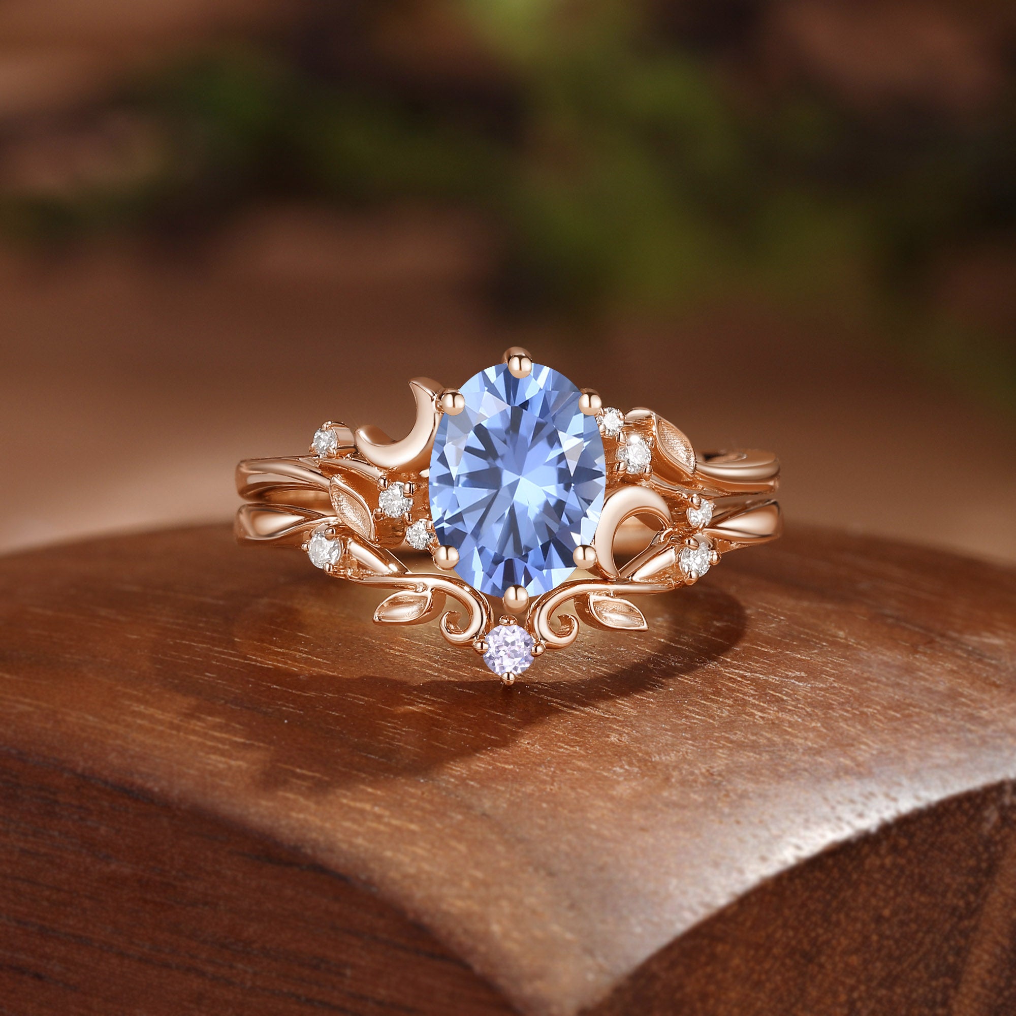 Moonlight Fairy Oval Cut Cornflower Blue Sapphire Moon And Leafy Ring Bridal Sets 2pcs - Meriel
