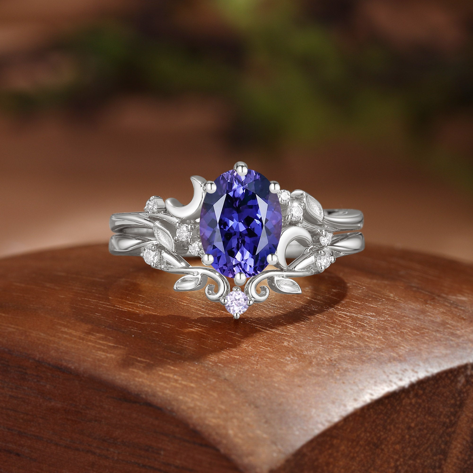 Moonlight Fairy Oval Cut Purple Sapphire Moon And Leafy Ring Bridal Sets 2pcs - Meriel