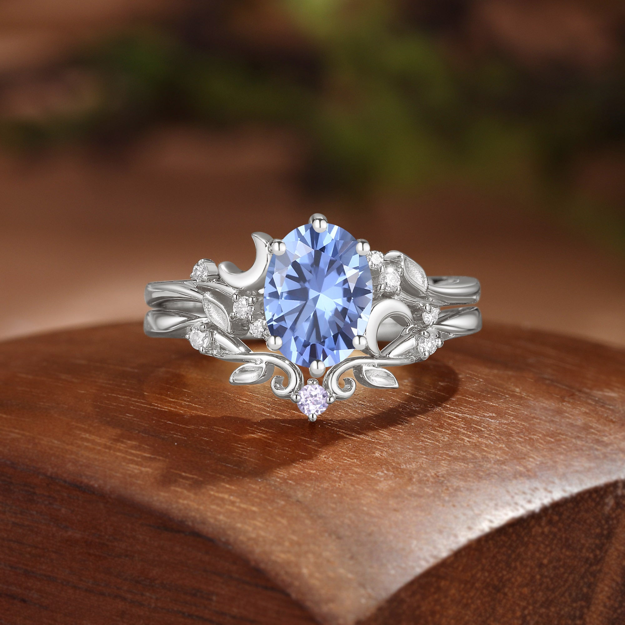 Moonlight Fairy Oval Cut Cornflower Blue Sapphire Moon And Leafy Ring Bridal Sets 2pcs - Meriel