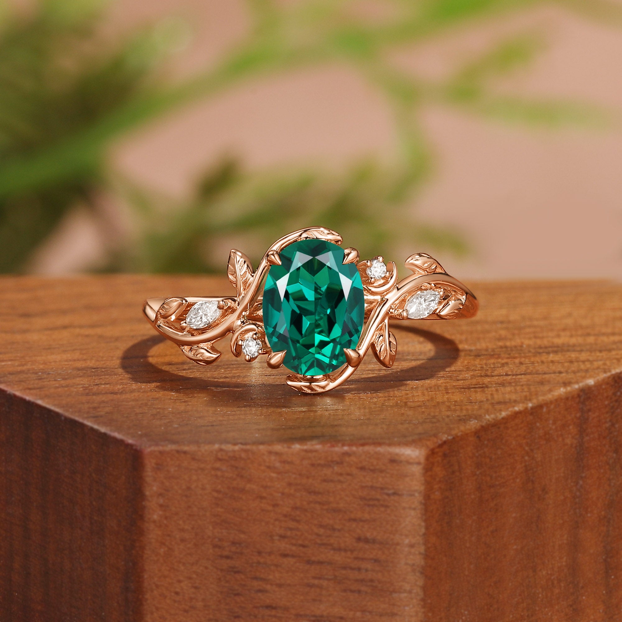 Oval Cut Lab Emerald Branch Leafy Engagement Ring - Désirée