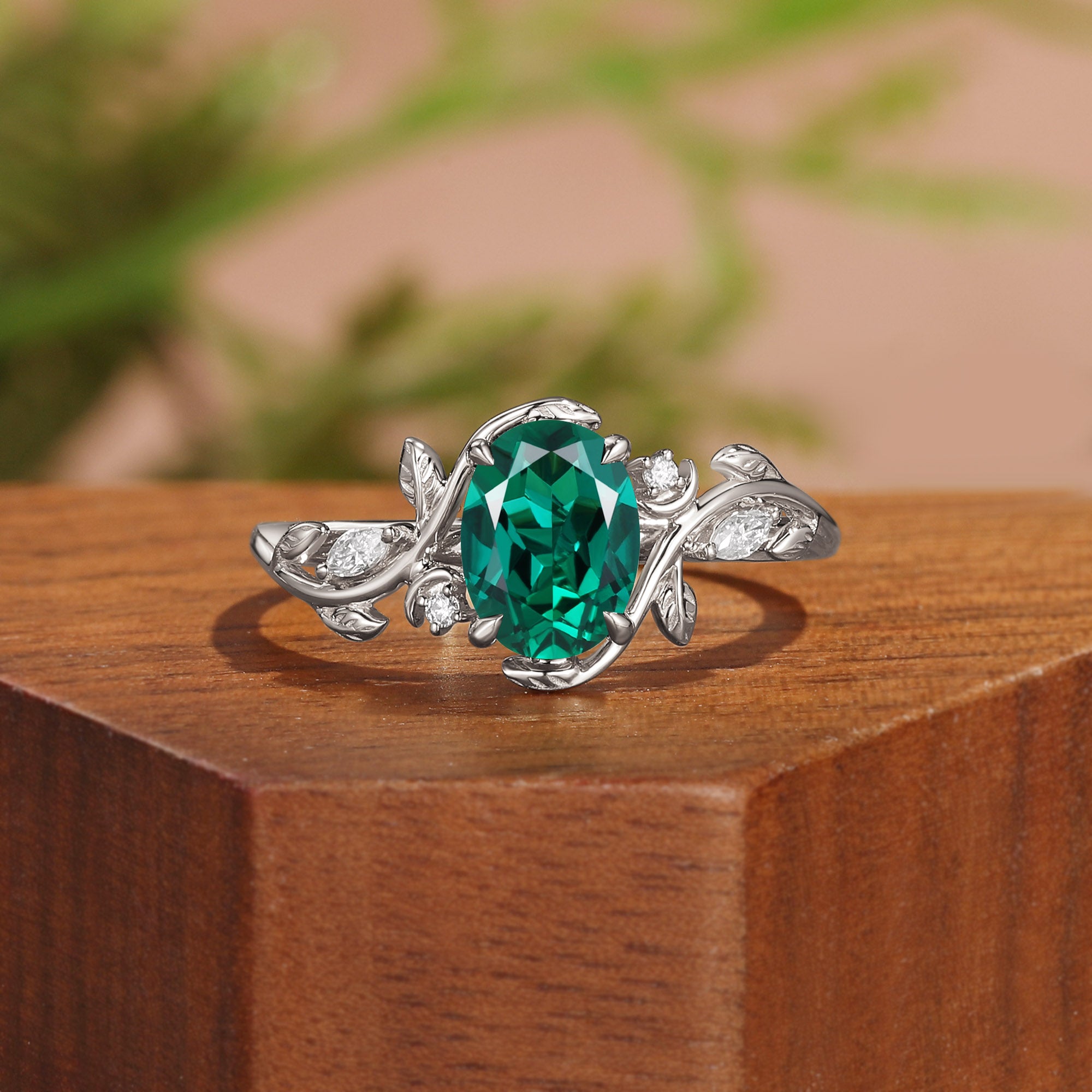 Oval Cut Lab Emerald Branch Leafy Engagement Ring - Désirée