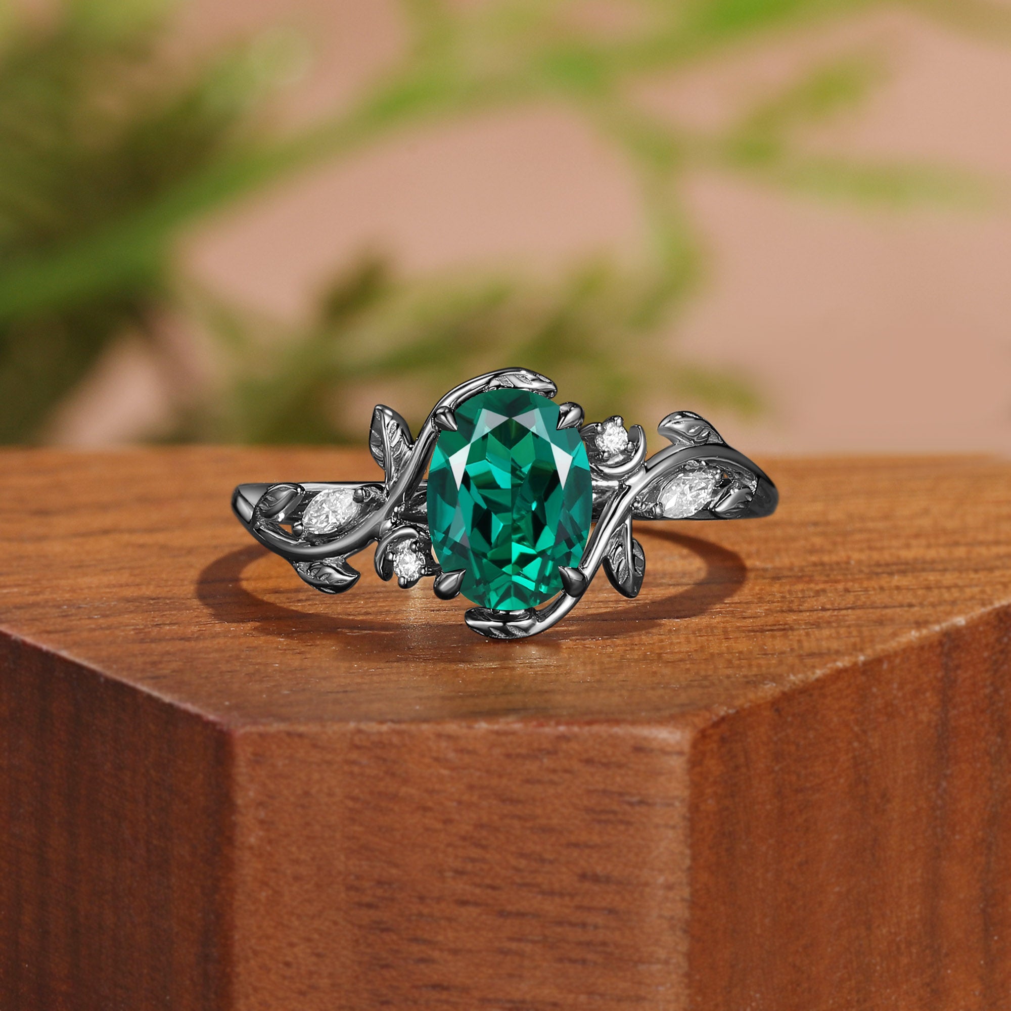 Oval Cut Lab Emerald Branch Leafy Engagement Ring - Désirée