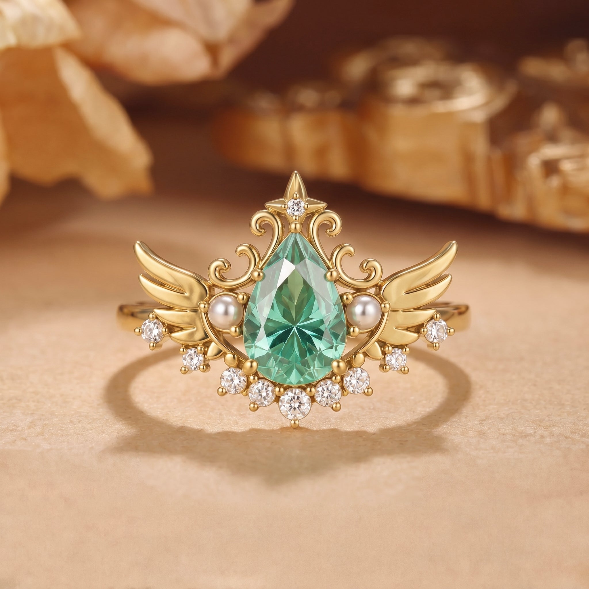Forest Fairy Pear Cut Green Moissanite Wings Fly Engagement Ring - Golda