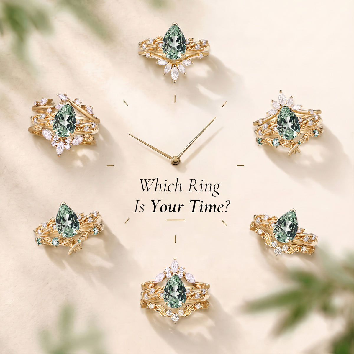 Clarissa - Pear Cut Lab Green Sapphire Leafy Bridal Set 2pcs