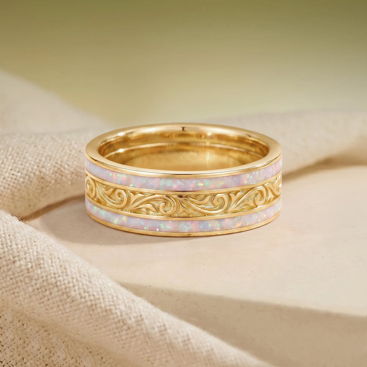 Vintage Scrollwork White Opal Inlay Gold Men’s Ring
