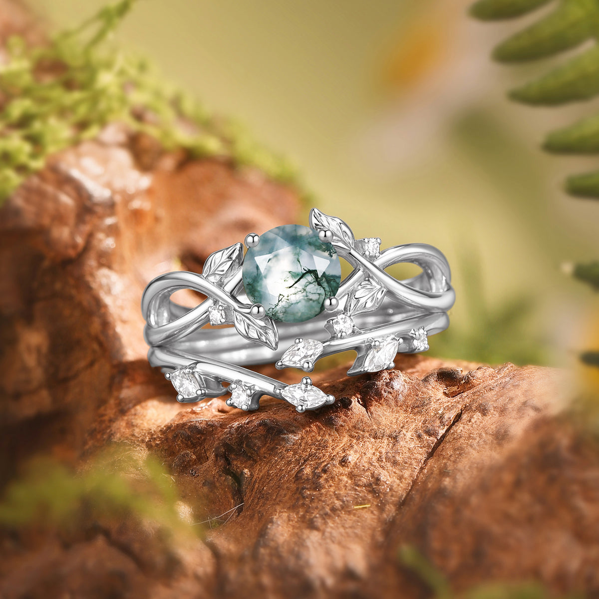 Cordelia - Round Cut Moss Agate Leafy Infinity Bridal Set 2pcs
