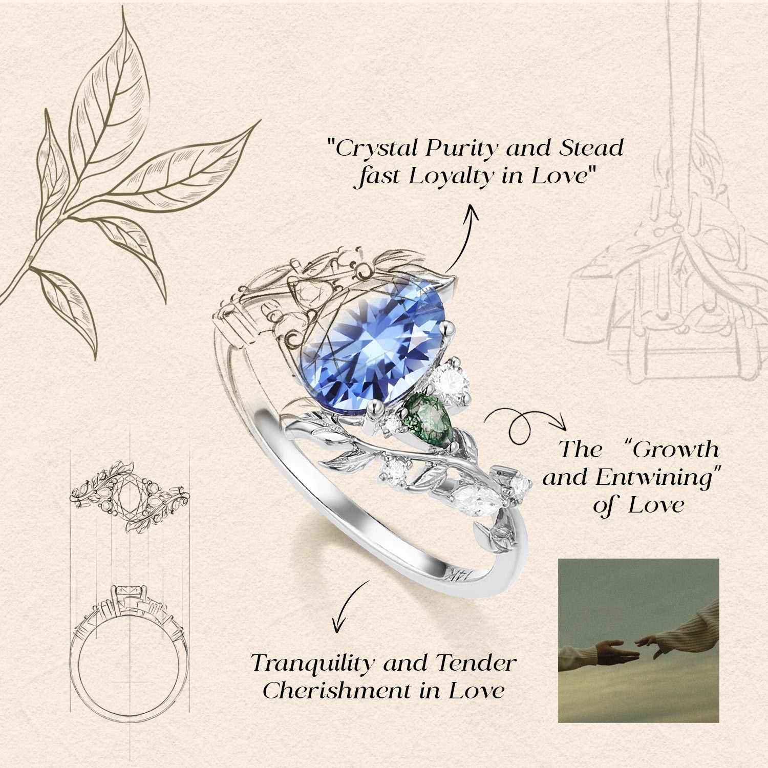 Abrielle - Oval Cut Lab Cornflower Blue Sapphire Vine Fairytale Engagement Ring