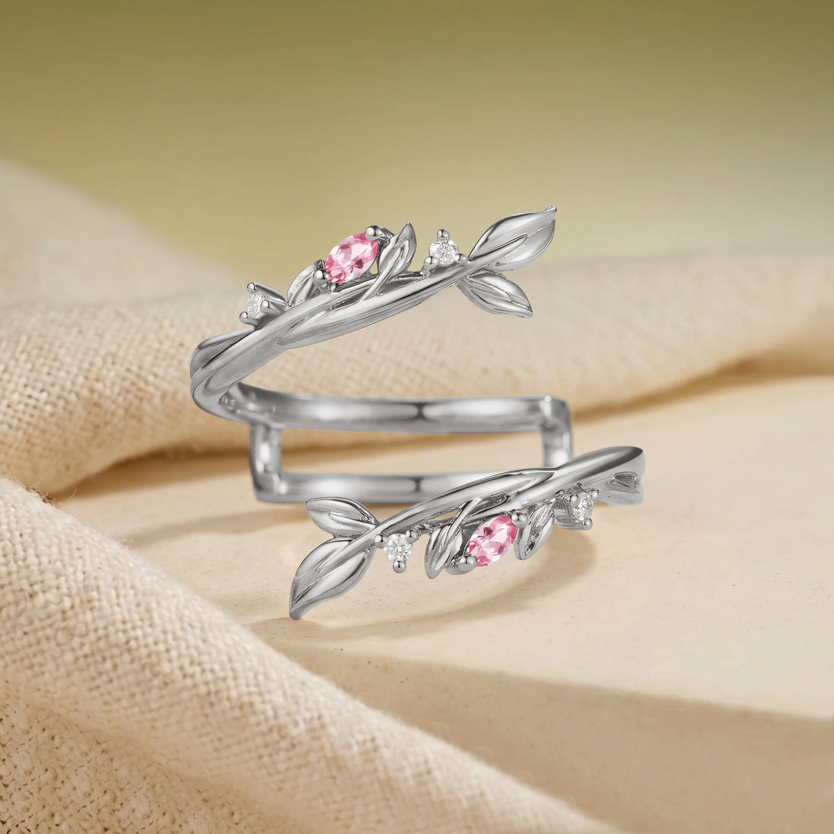 Soft Marquise Padparadscha Sapphire Leaf Stackable Wedding Ring Set