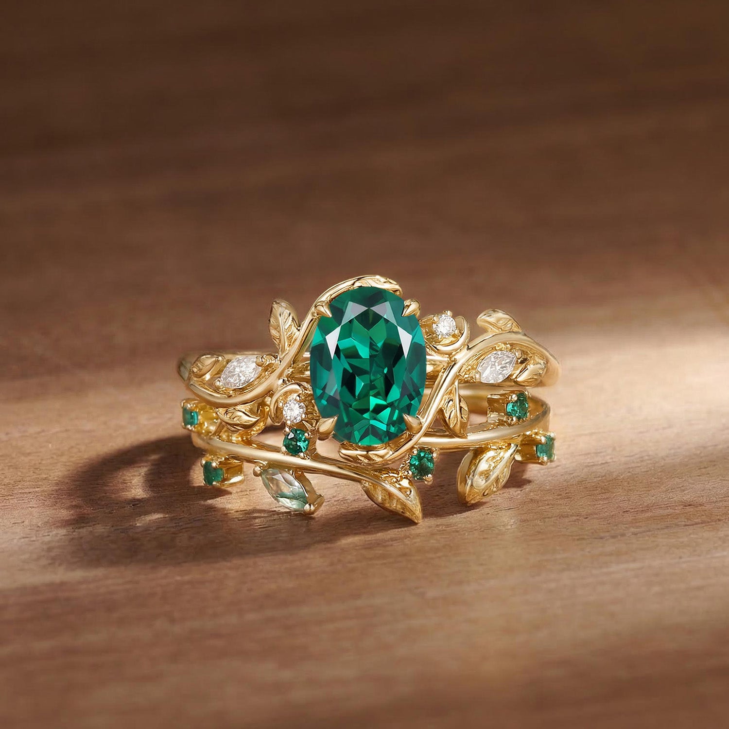 Désirée - Oval Cut Lab Emerald Branch Leafy Engagement Ring Set 2pcs