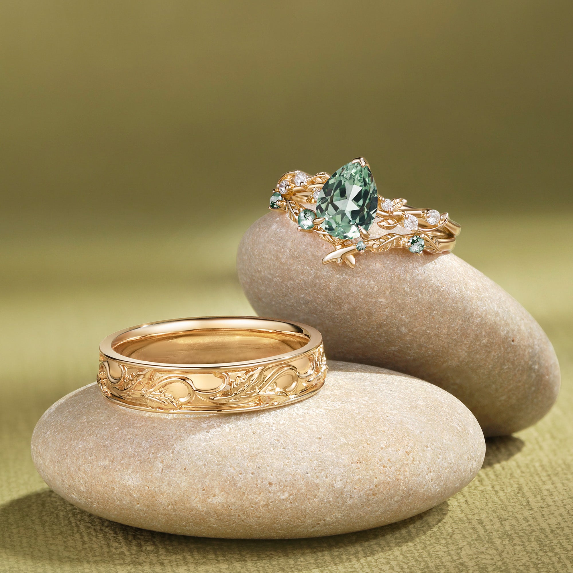 Leaves Inspired Lab Green Sapphire Pear Cut  Couple Ring Set - Clarissa