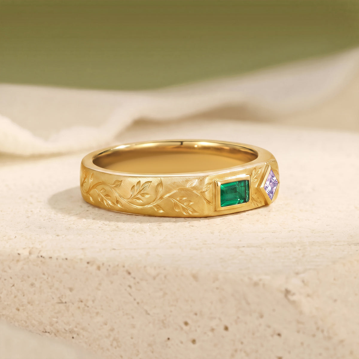 Art Nouveau Emerald & Princess Cut Purple Sapphire Hand Engraved Leaf Vine men's Ring