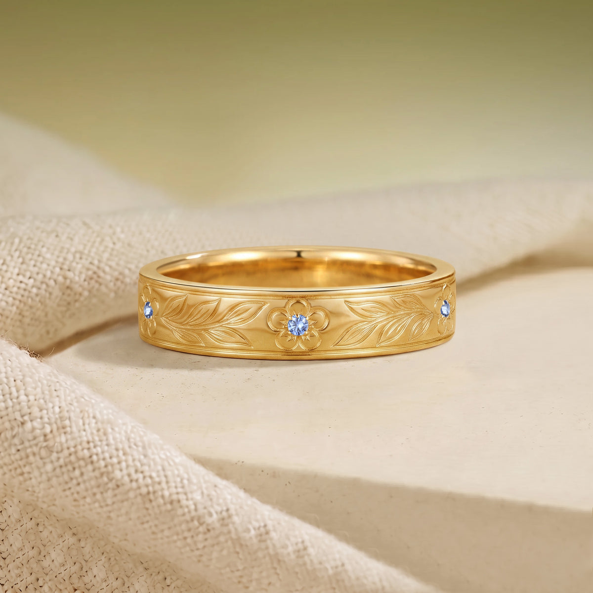 Engraved Cornflower Blue Sapphire Leafy Flower Inspired Anniversary Ring - Men Band