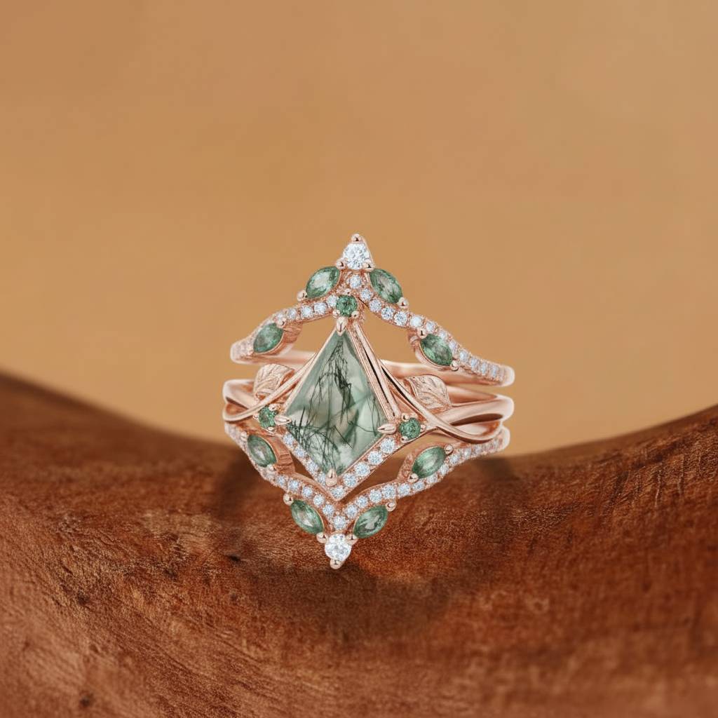 Kismet - Unique Bazel Moss Agate Kite Cut Vintage nature inspired Enhancer Bridal Set 2pcs
