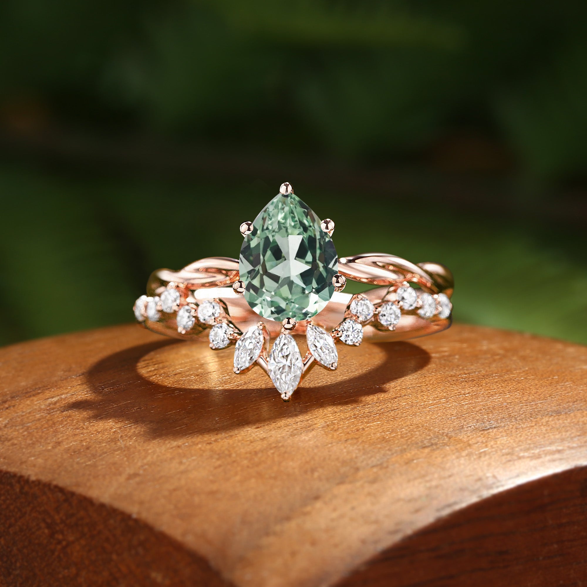 Coralie - Pear Cut Lab Green Sapphire Twist Engagement Ring Set 2pcs