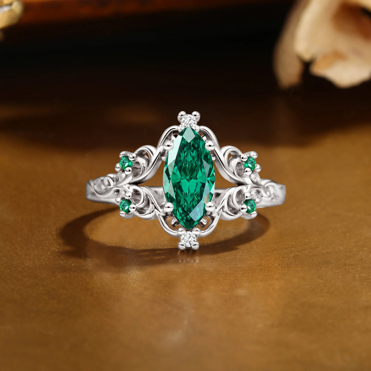 Lois - Marquise Lab Emerald Filigree Royalcore Wedding Ring