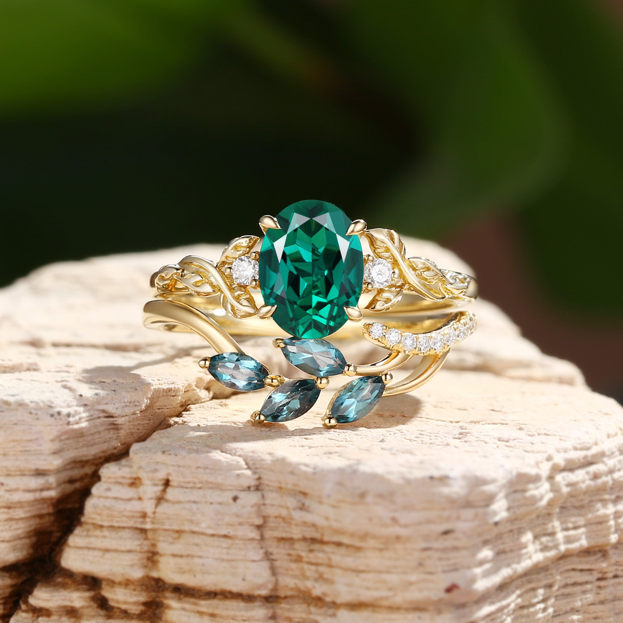 Eden - Oval Cut Lab Emerald Vintage Leaf Branch Bridal Sets 2pcs