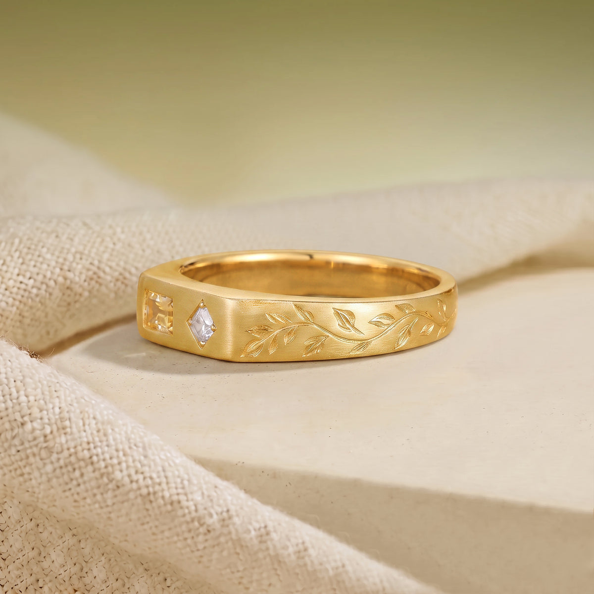 3.5MM Antique Yellow Citrine & Princess Cut Moissanite Engraved Leaf Men's Ring