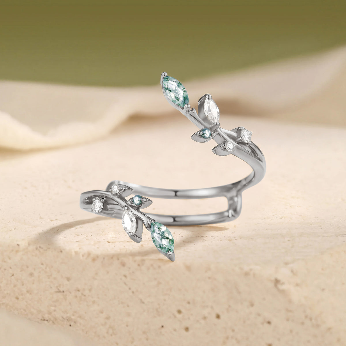 Artisan Leaf Inspired Moss Agate Wedding Band