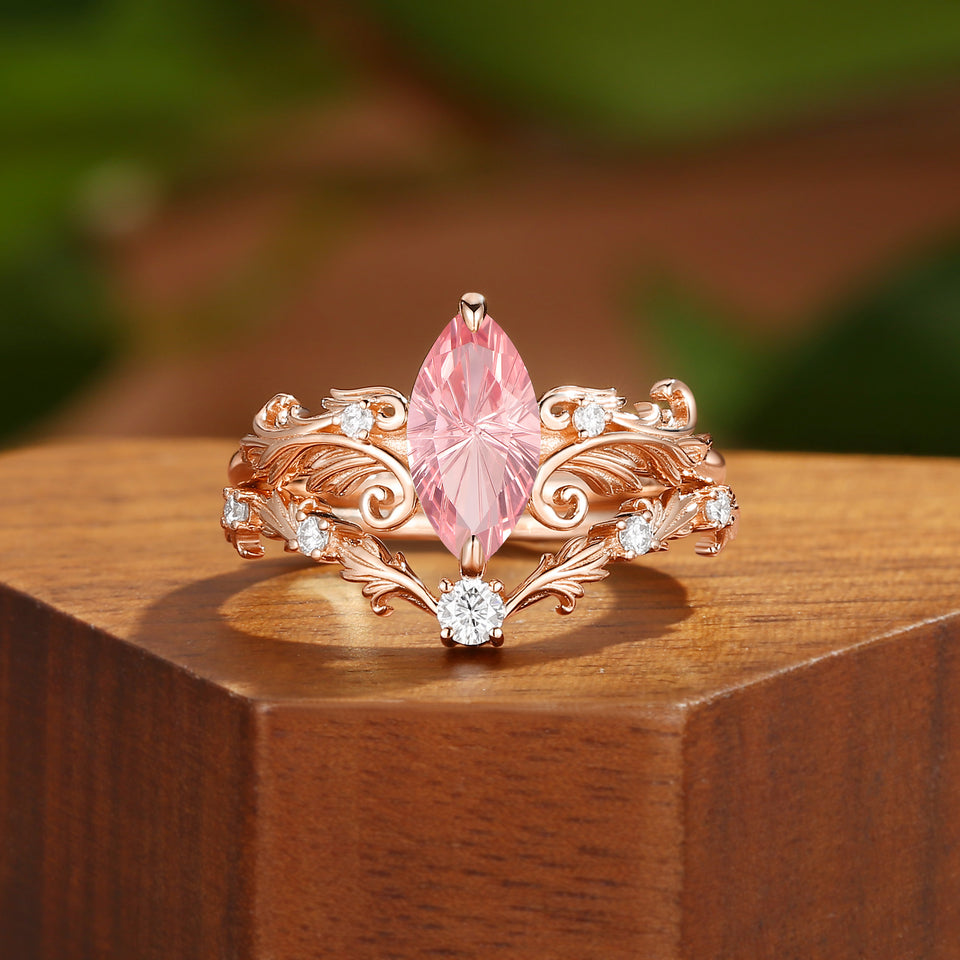 Rhea Vintage Marquise Firework Cut Padparadscha Sapphire Acanthus Wedding Ring Set