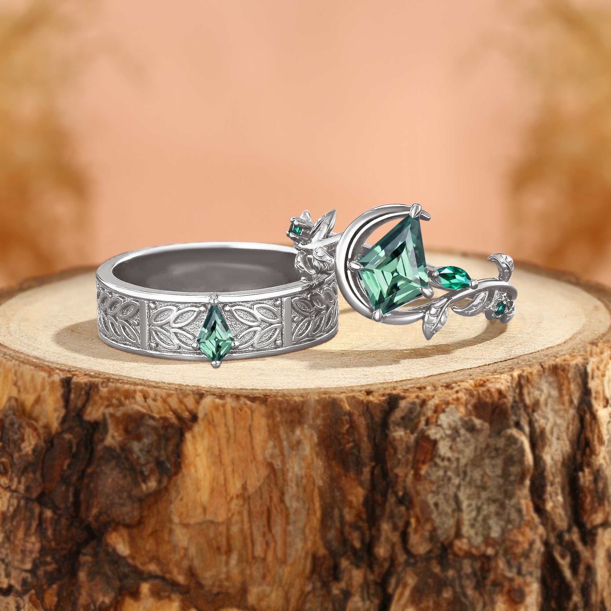 Kit - Kite Cut Green Sapphire Leafy Inspired Couple Ring Set