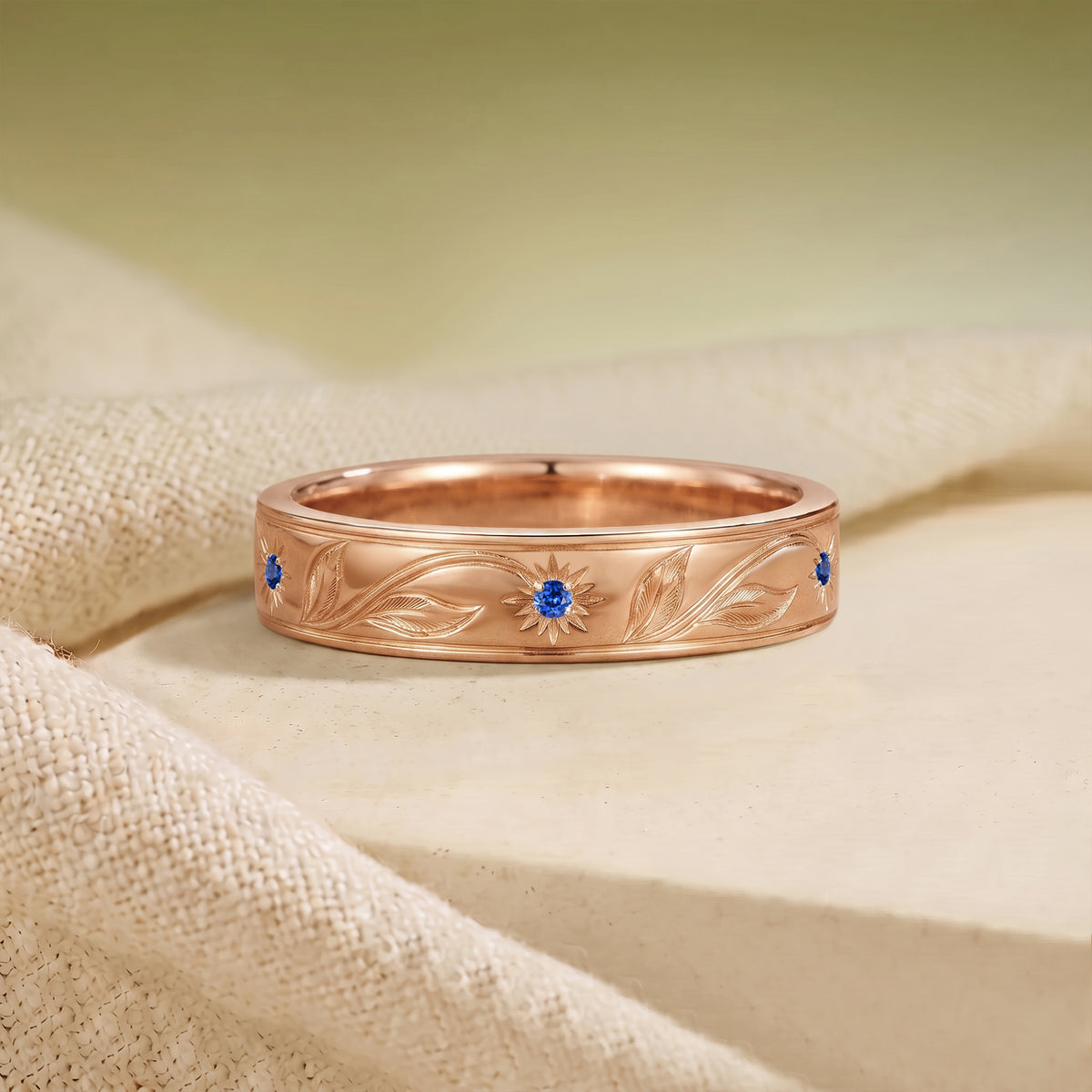 Leafy Flower Inspired Engraved Royal Blue Sapphire Promise Ring - Men Band