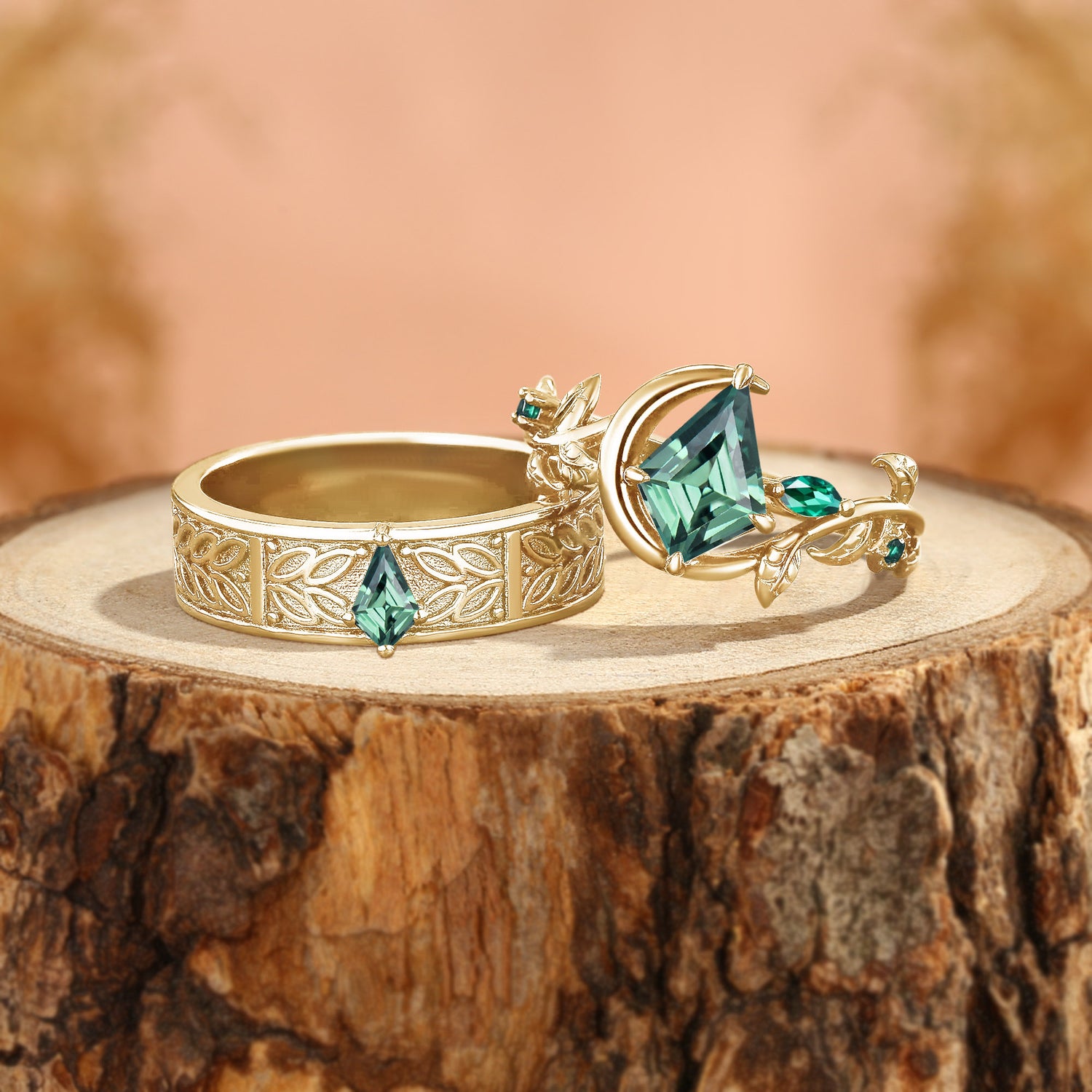 Kit - Kite Cut Green Sapphire Leafy Inspired Couple Ring Set