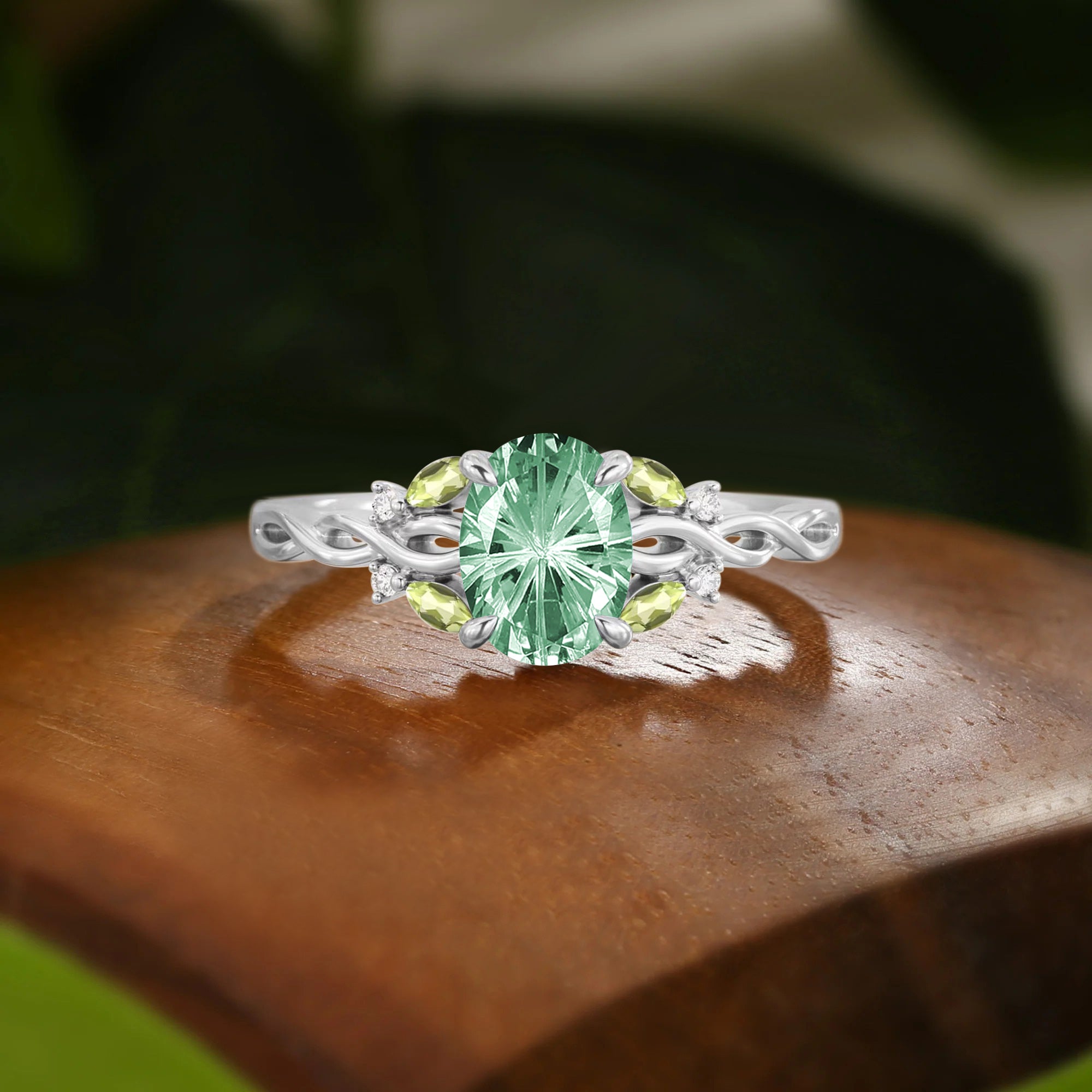 Oval Firework Cut Green Sapphire Twist Engagement Ring - Olea