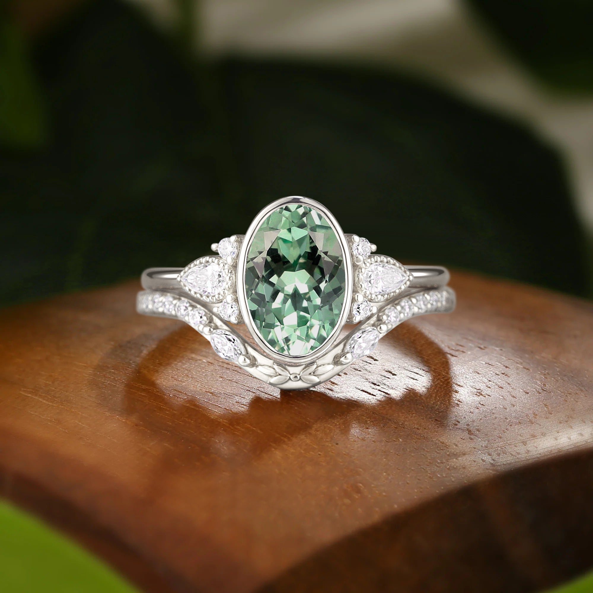 Celeste - Bezel Green Sapphire Three Stone Engagement Ring Set 2pcs