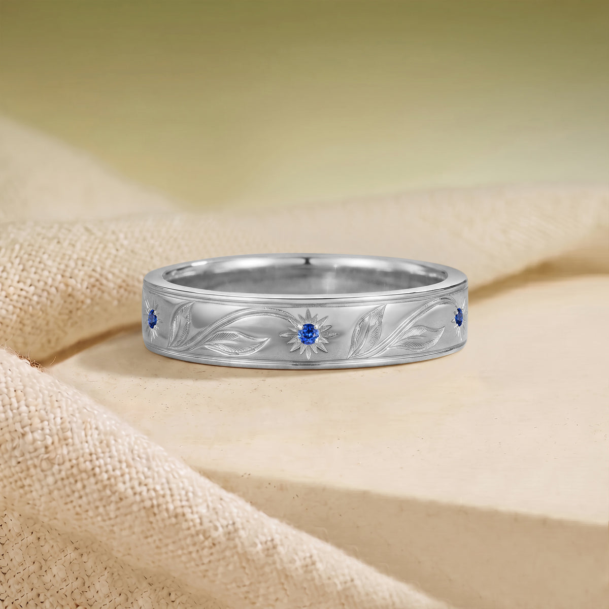Leafy Flower Inspired Engraved Royal Blue Sapphire Promise Ring - Men Band