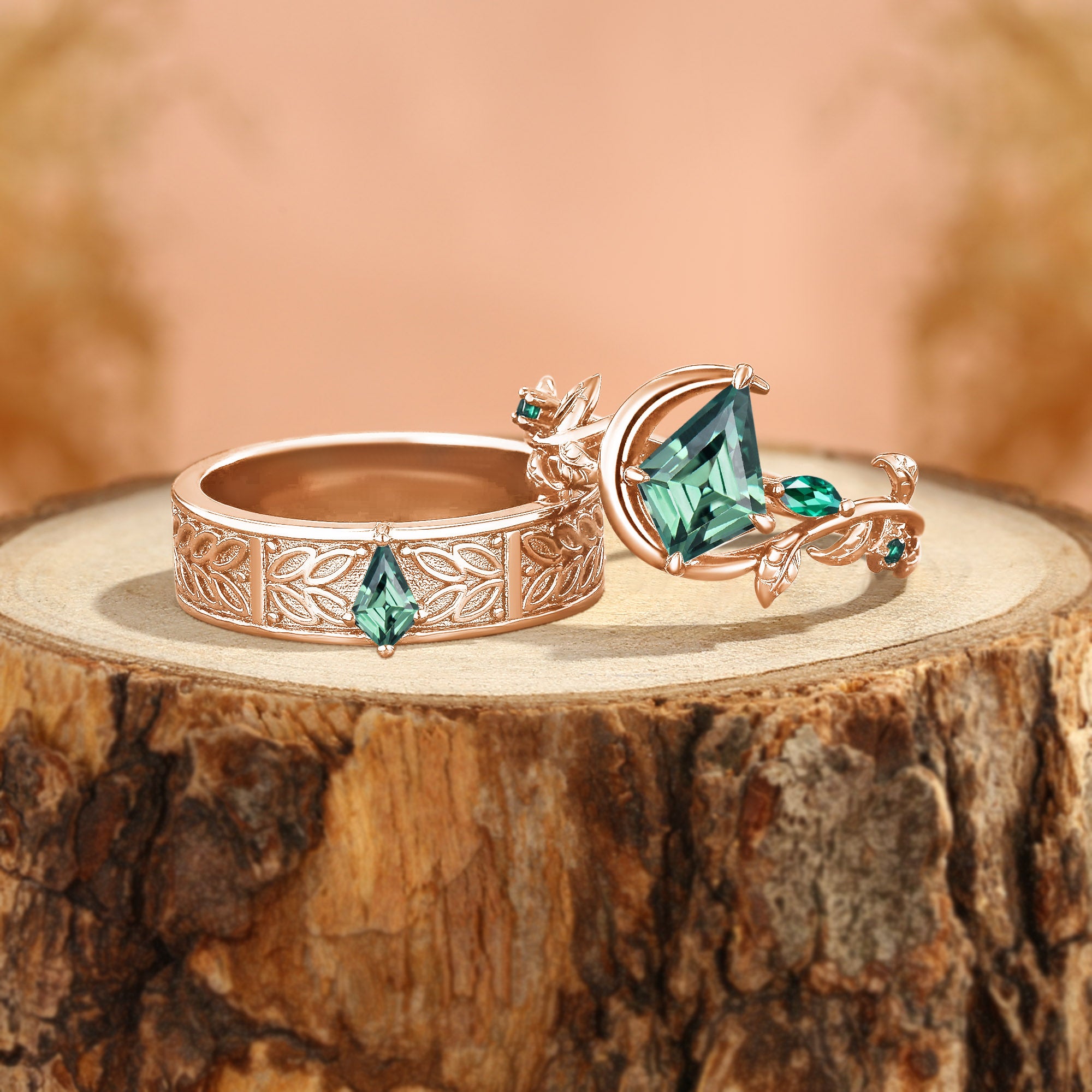 Kit - Kite Cut Green Sapphire Leafy Inspired Couple Ring Set