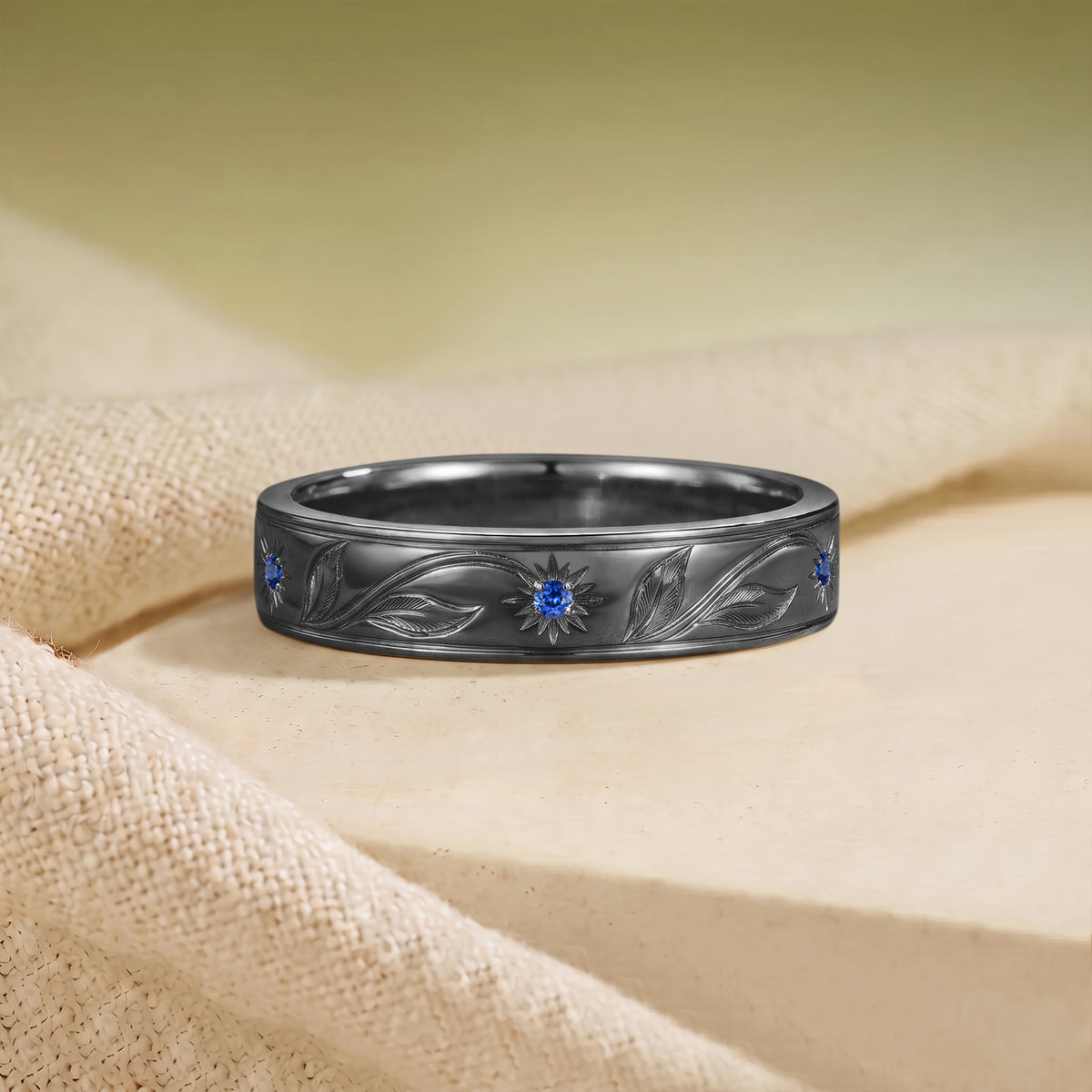 Leafy Flower Inspired Engraved Royal Blue Sapphire Promise Ring - Men Band