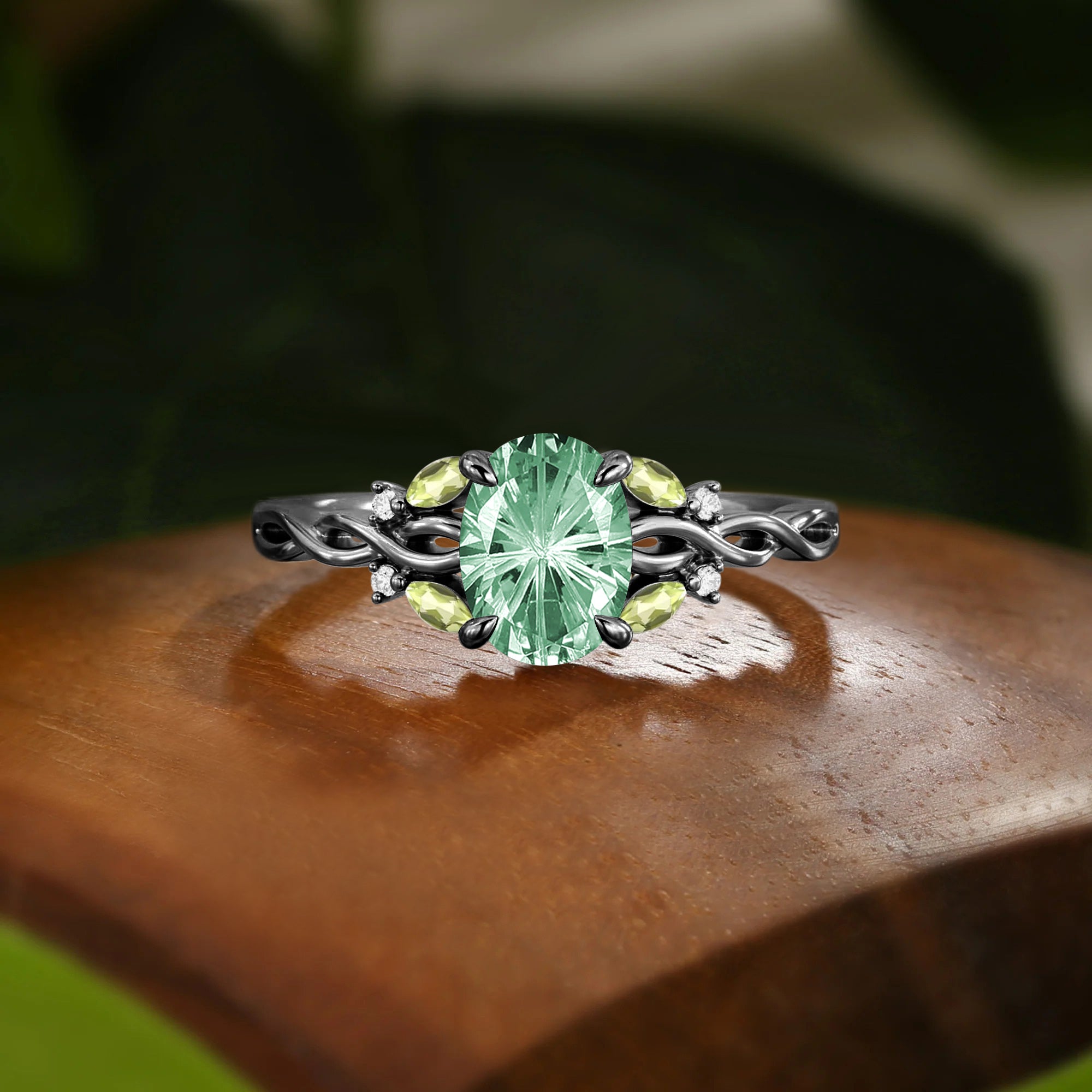 Oval Firework Cut Green Sapphire Twist Engagement Ring - Olea