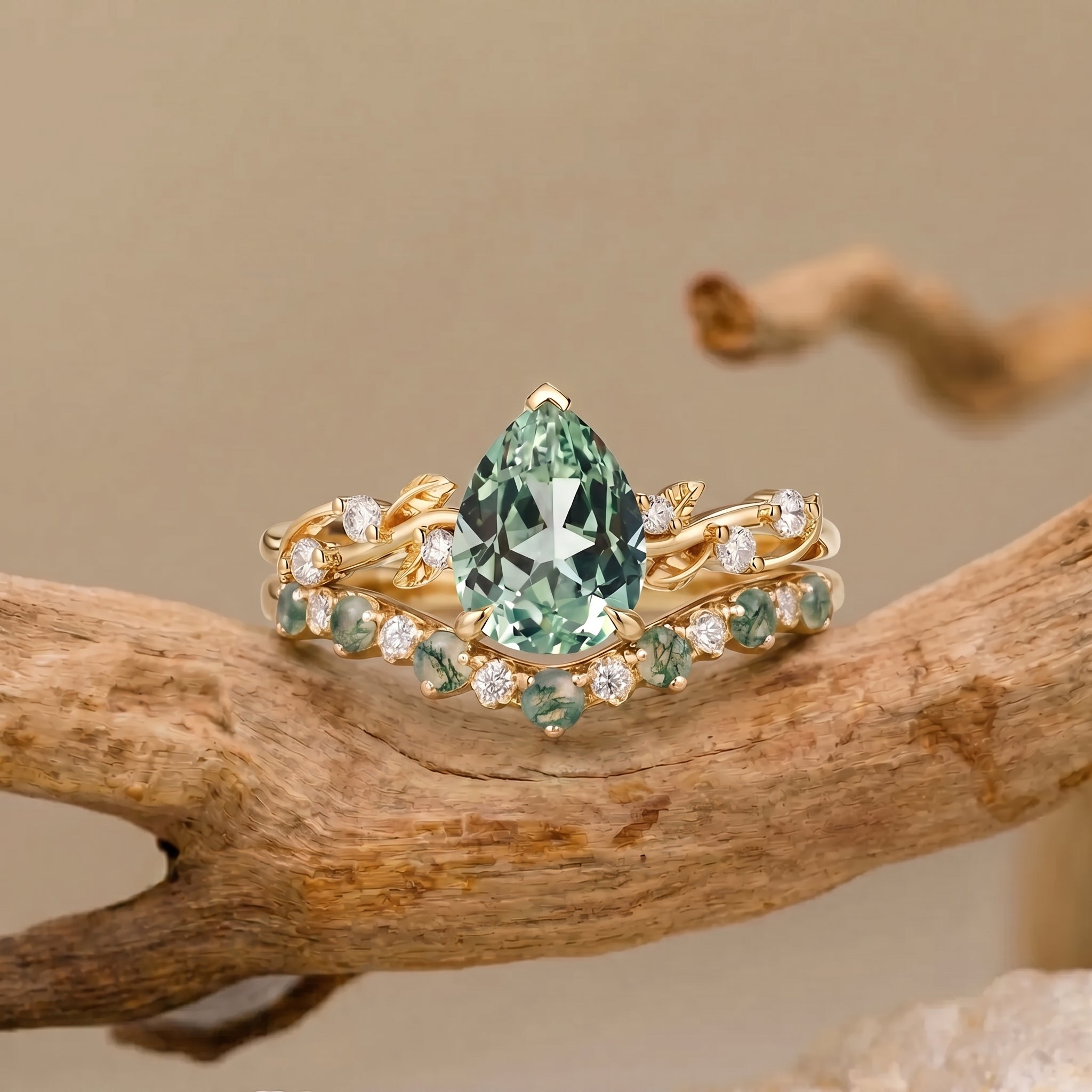 Pear Cut Lab Green Leaf Sapphire Bridal Set 2pcs - Clarissa