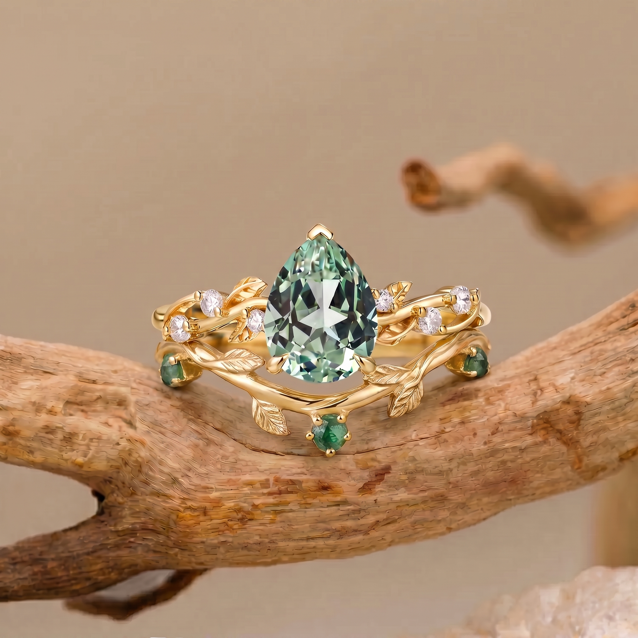Pear Cut Lab Green Leaf Vine Sapphire Bridal Set 2pcs - Clarissa