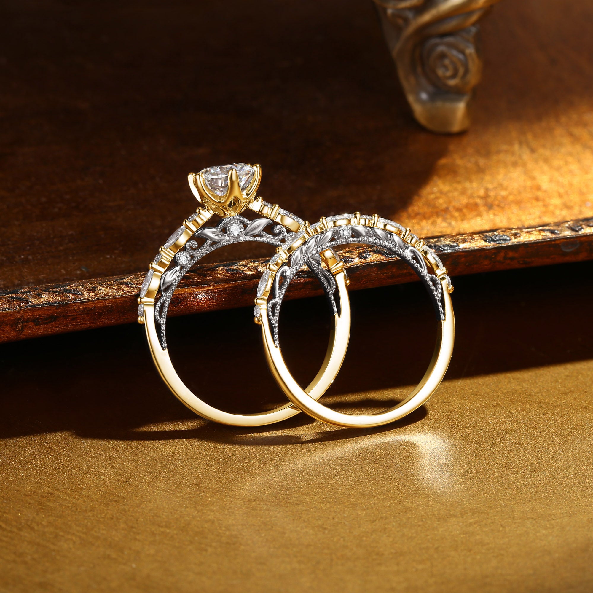 Celeste - Victorian Two Tone Gold Vintage Moissanite Engagement Ring Set 2pcs