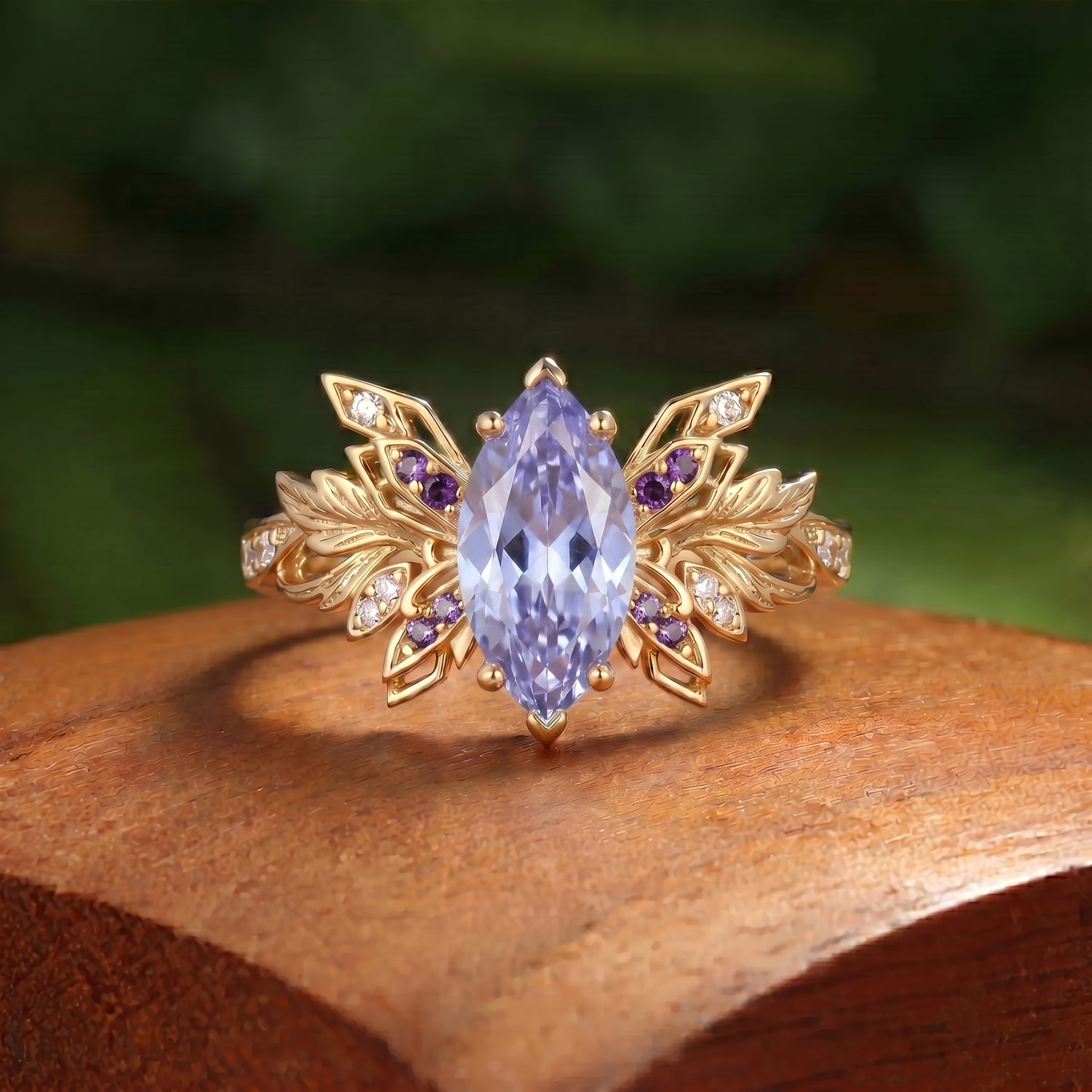 Forest Fairy Butterfly Wing Marquise Cut Purple Sapphire Leafy Engagement Ring - Inara