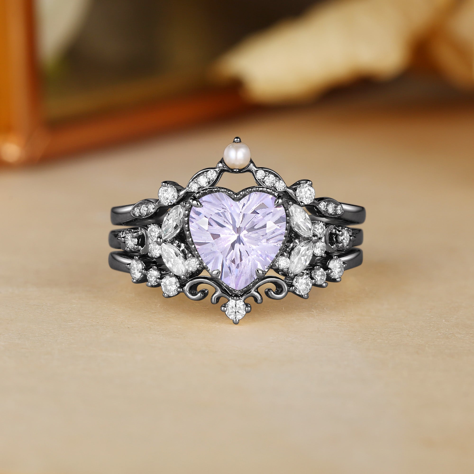 Blanche - Firework Heart Cut Lavender Sapphire Butterfly Pearl Ring Bridal Sets 3pcs